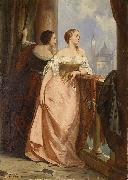 Edouard Hamman Zwei Damen am Balkon, im Hintergrund San Giorgio Maggiore, Venedig oil painting